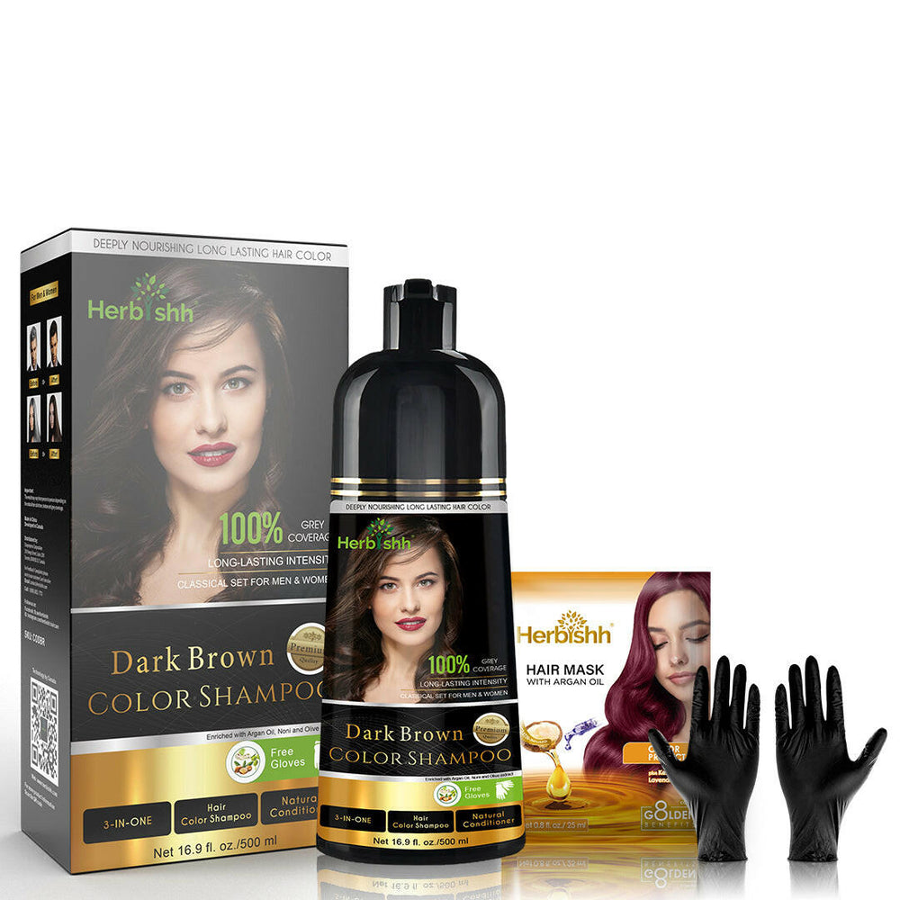 Dark Brown Hair Color Shampoo 500ml- Herbishh Hair Dye. Hair mask glove