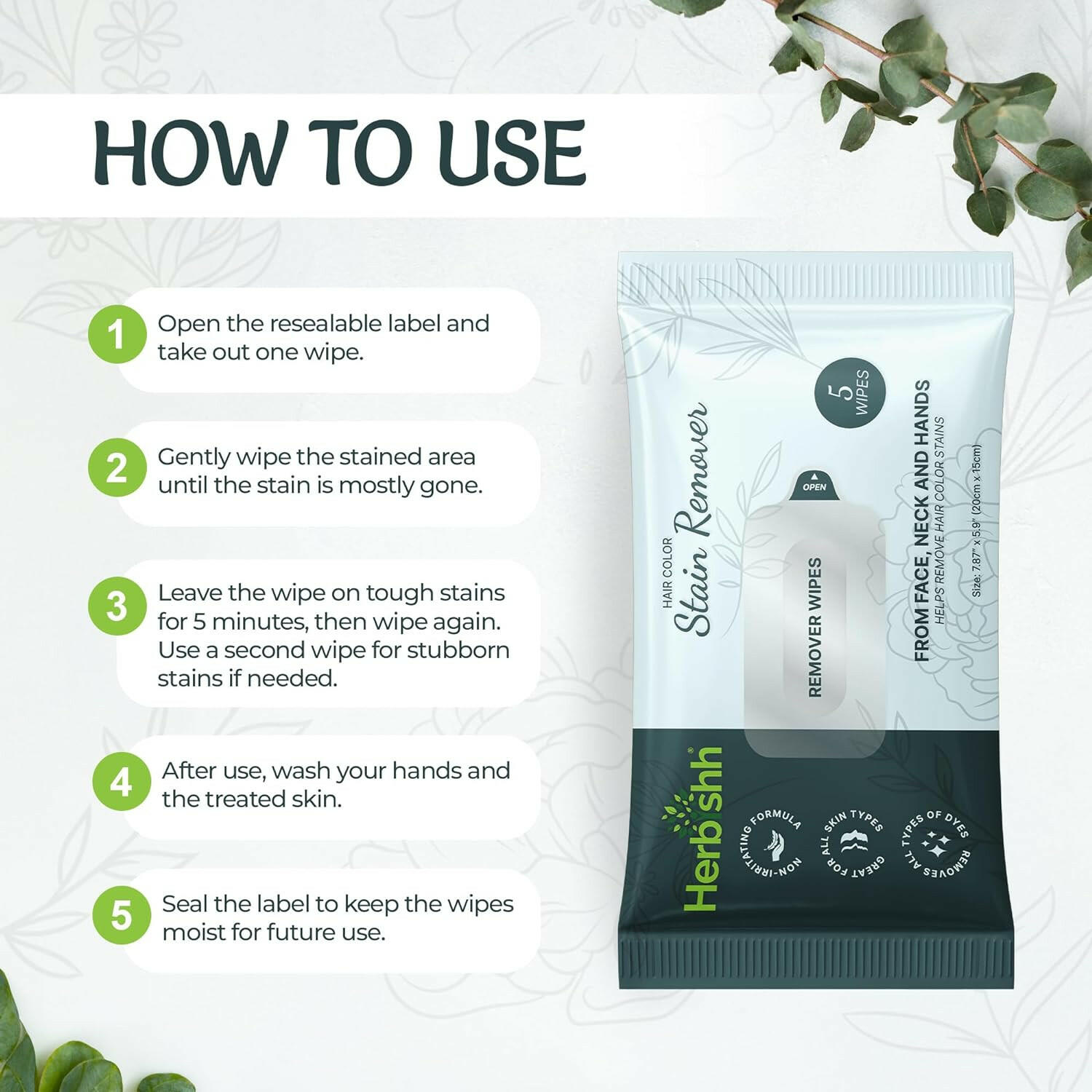 Pack of 5 Herbishh Hair Color Stain Remover Wipes .