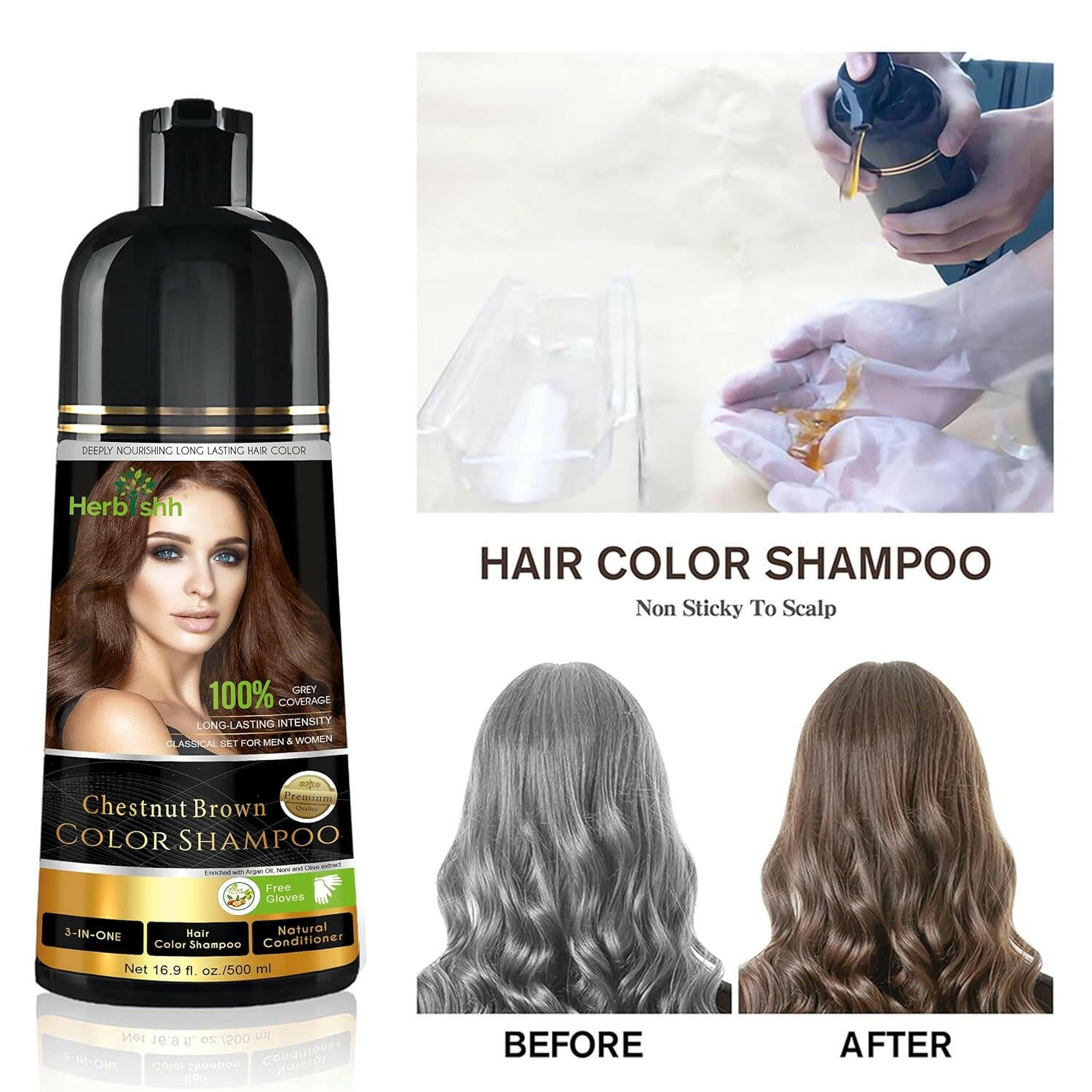 Chestnut Brown Hair Color Shampoo 500ml- Herbishh Hair Dye.