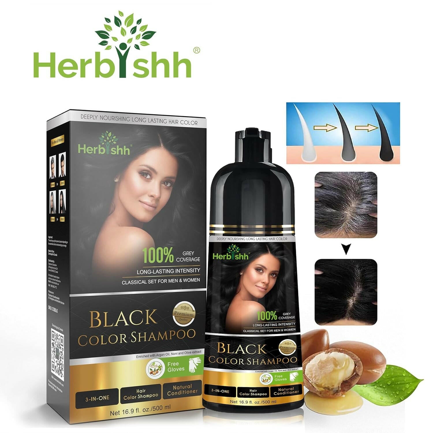 Herbishh Black Hair Color Shampoo-500ml Hair Dye.