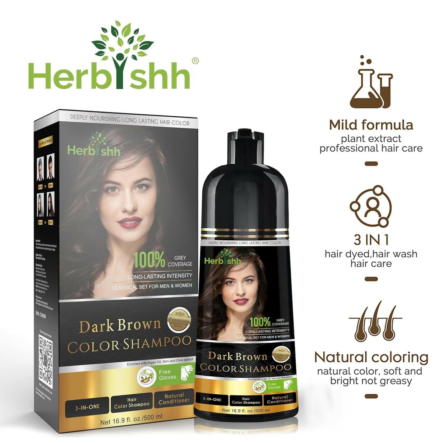 Dark Brown Hair Color Shampoo 500ml- Herbishh Hair Dye. 