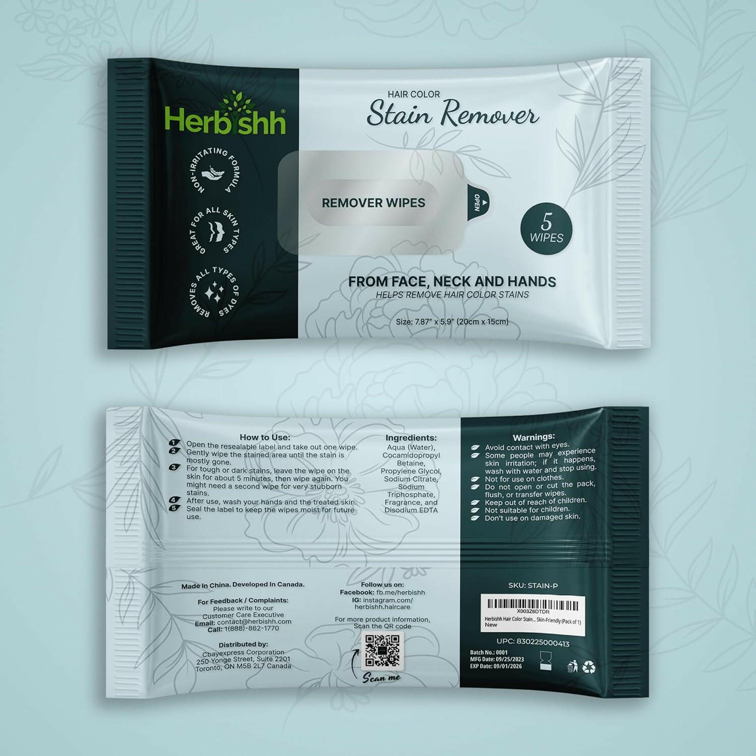 Pack of 5 Herbishh Hair Color Stain Remover Wipes .