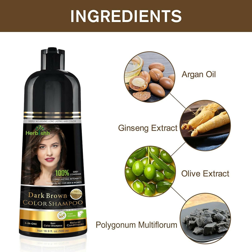 Dark Brown Hair Color Shampoo 500ml- Herbishh Hair Dye. Natural ingredients 