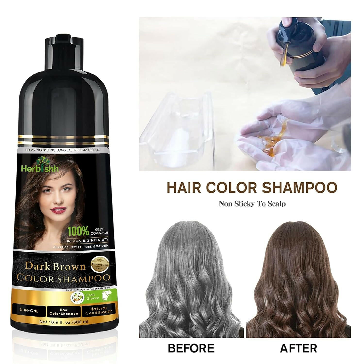 Dark Brown Hair Color Shampoo 500ml- Herbishh Hair Dye. Before and after 