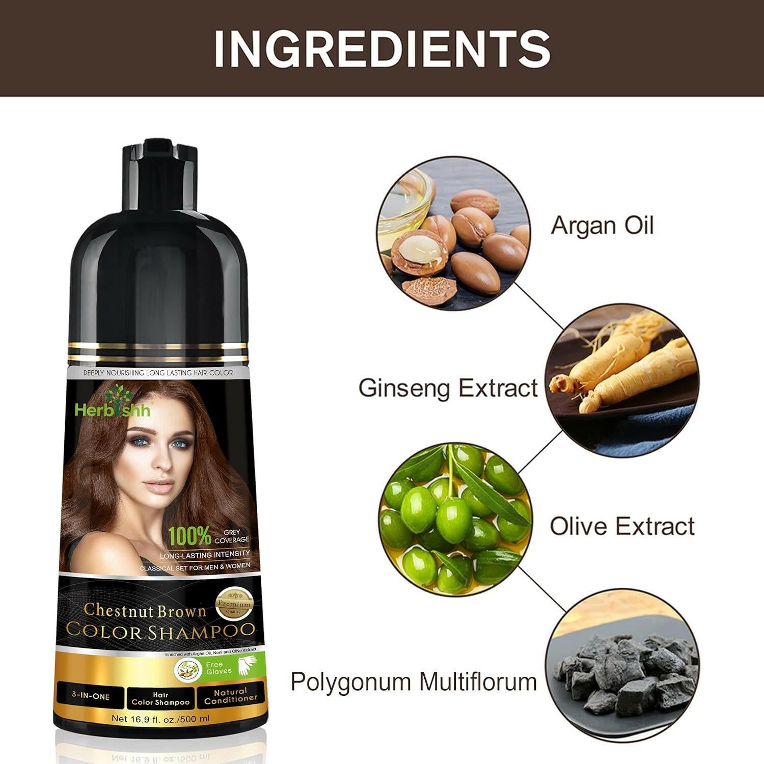 Chestnut Brown Hair Color Shampoo 500ml- Herbishh Hair Dye herbal ingredient