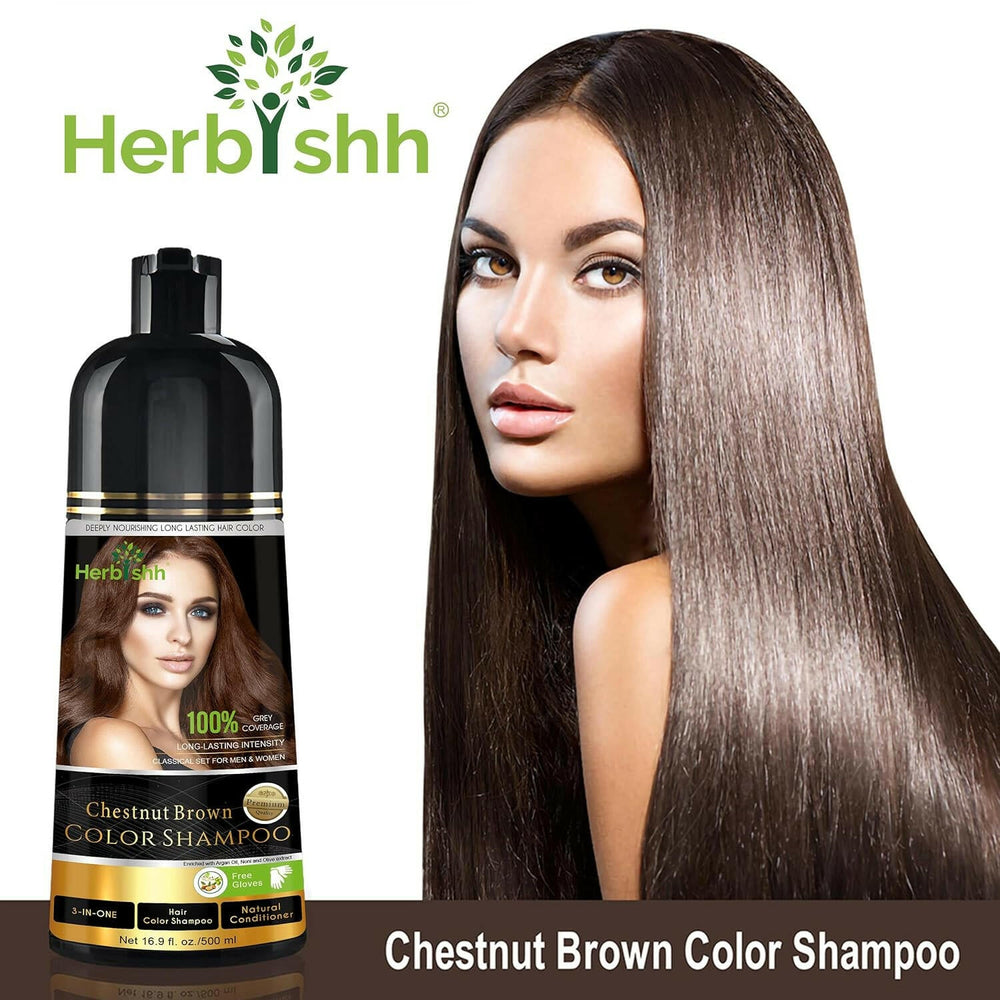 Chestnut Brown Hair Color Shampoo 500ml- Herbishh Hair Dye boost shine