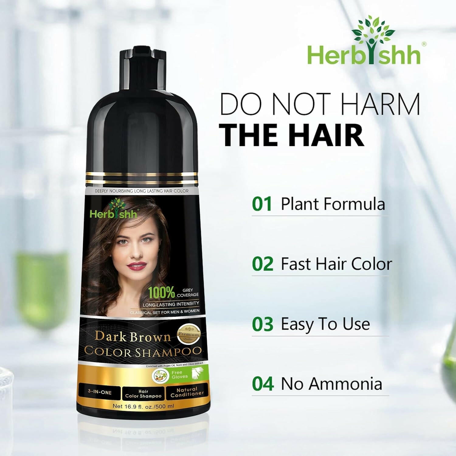 Dark Brown Hair Color Shampoo 500ml- Herbishh Hair Dye. Harmless hair