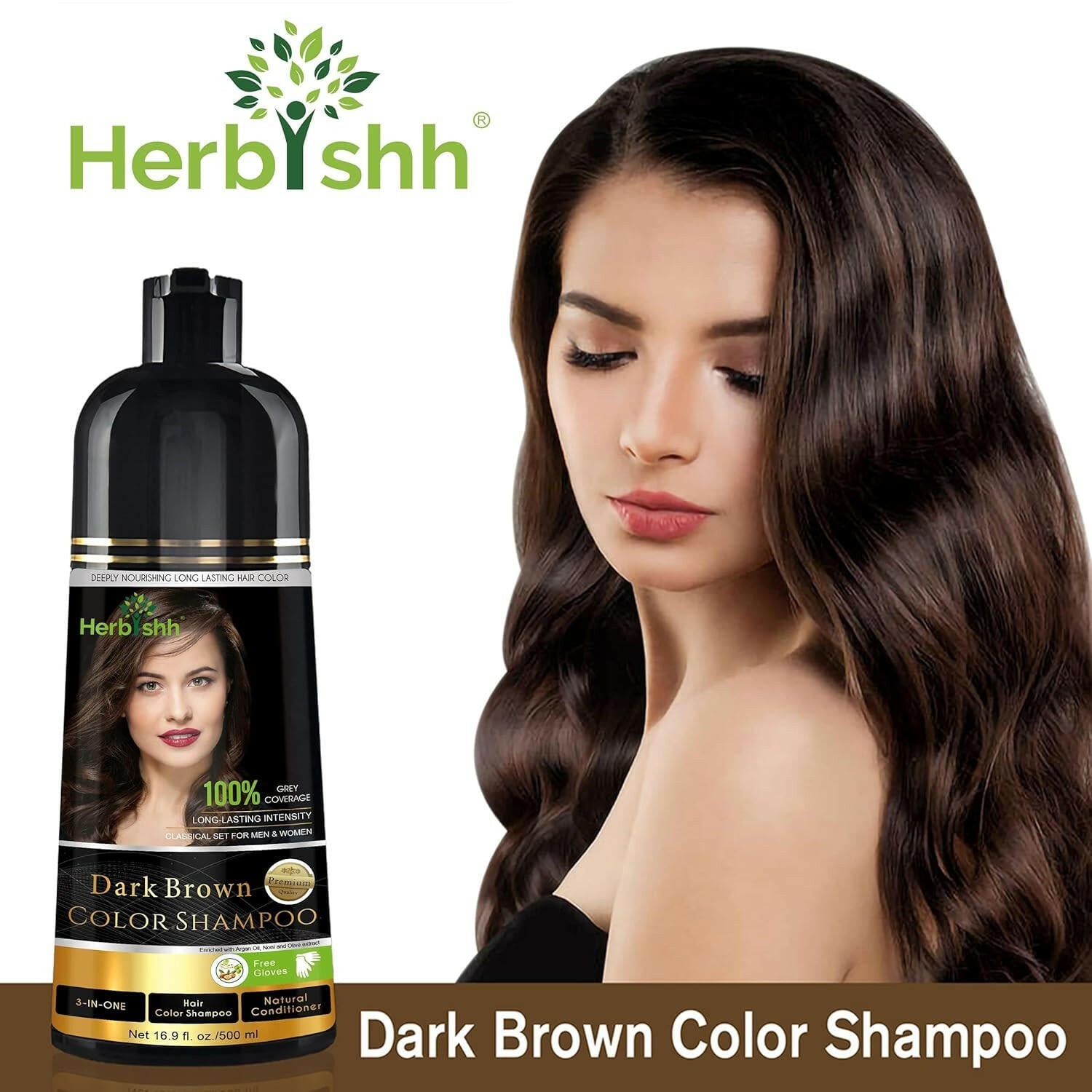 Dark Brown Hair Color Shampoo 500ml- Herbishh Hair Dye.