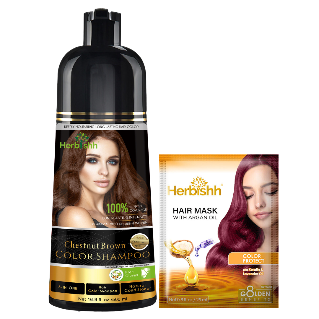 Chestnut Brown Hair Color Shampoo 500ml- Herbishh Hair Dye Argan oil hair mask
