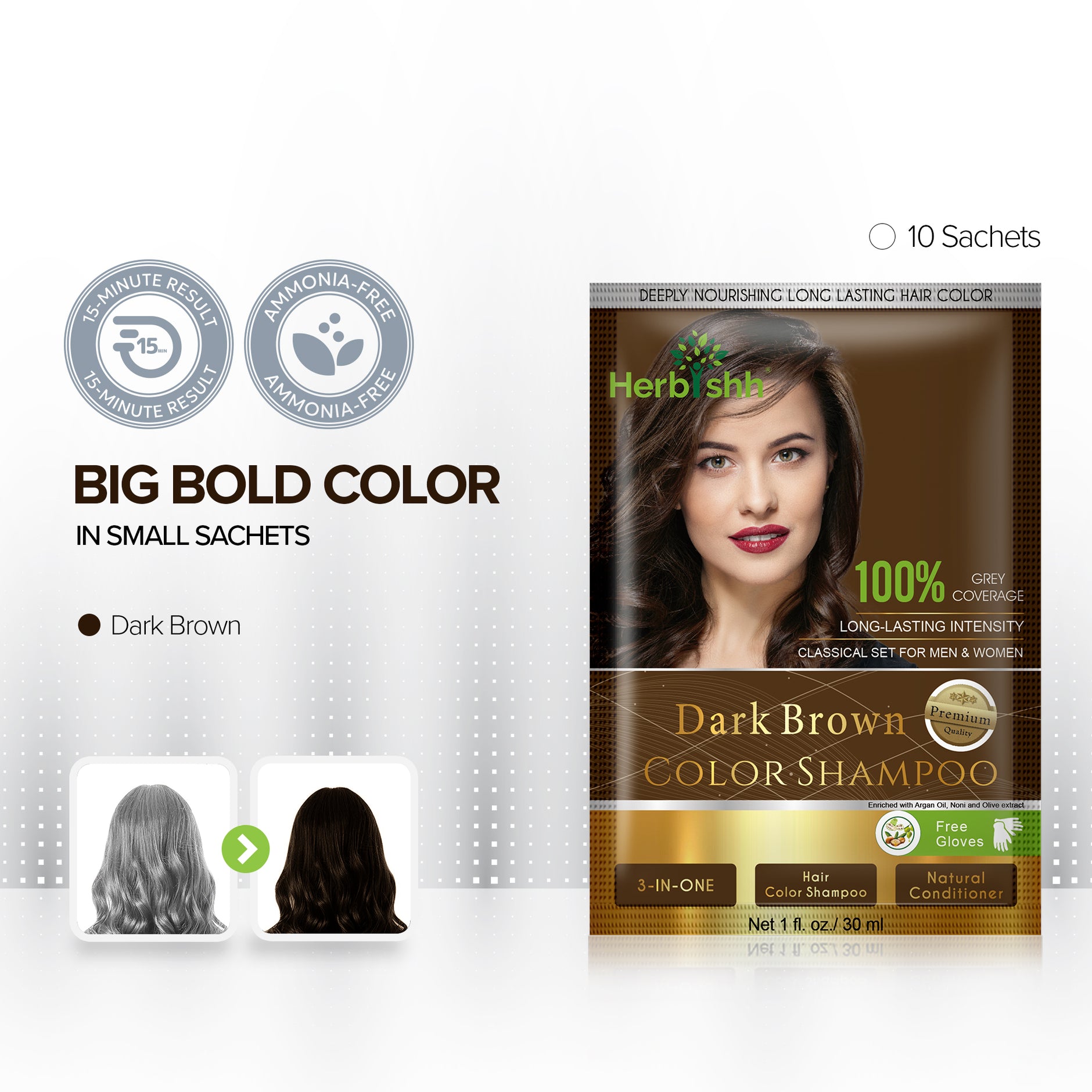 Dark Brown Hair Color Shampoo Sachet | One Wash, Rich Color